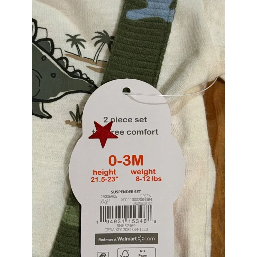 NWT Wonder Nation Baby Boys 0-3M‎ 2-Piece Outfit Set Dinosaur Shirt & Suspenders